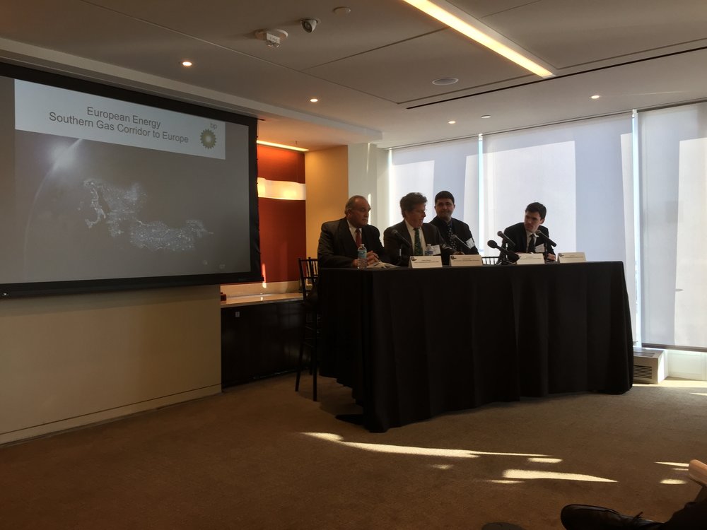 (From left to right) Enders Wimbush, Founder of the AGBC moderates a panel with Greg Saunders of BP America, Ivo Konstantinov of the Embassy of Bulgaria and Kevin Cullen of Conti / the Anaklia Consortium.&nbsp