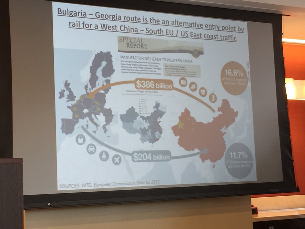 Mr. Konstantinov, Economic and Trade Counselor of the Bulgarian Embassy demonstrates potential trade flows via the New Silk Road.&nbsp