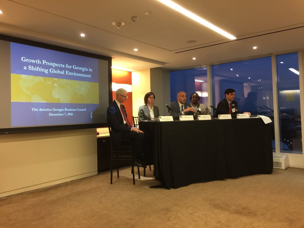 (From Left to Right) Kenneth Angell of OPIC moderates a panel with Mercedes Vera-Martin of the IMF, George Tsikolia, Chargé D'affaires of the Georgian Embassy to the USA, Danica Starks of the Department of Commerce and Jonathan Nelms of Ba