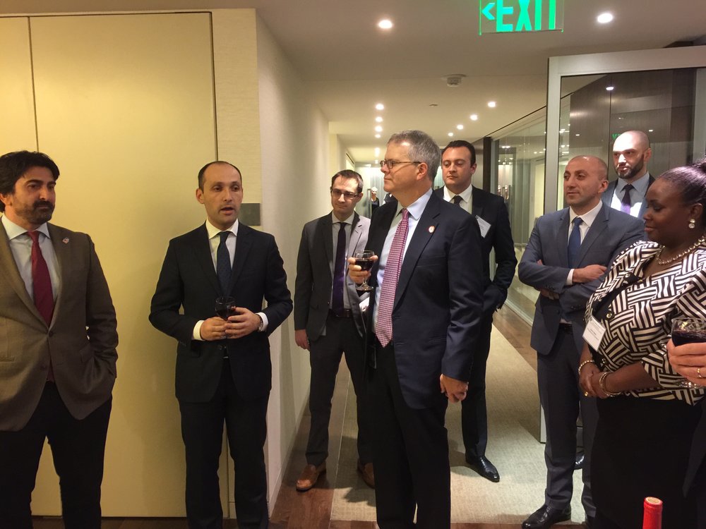 (From Left to Right) Georgian Minister of Agriculture, Levan Davitashvili gives a toast to the friendship between Georgia and the United States with Deputy Secretary of Commerce Bruce Andrews.